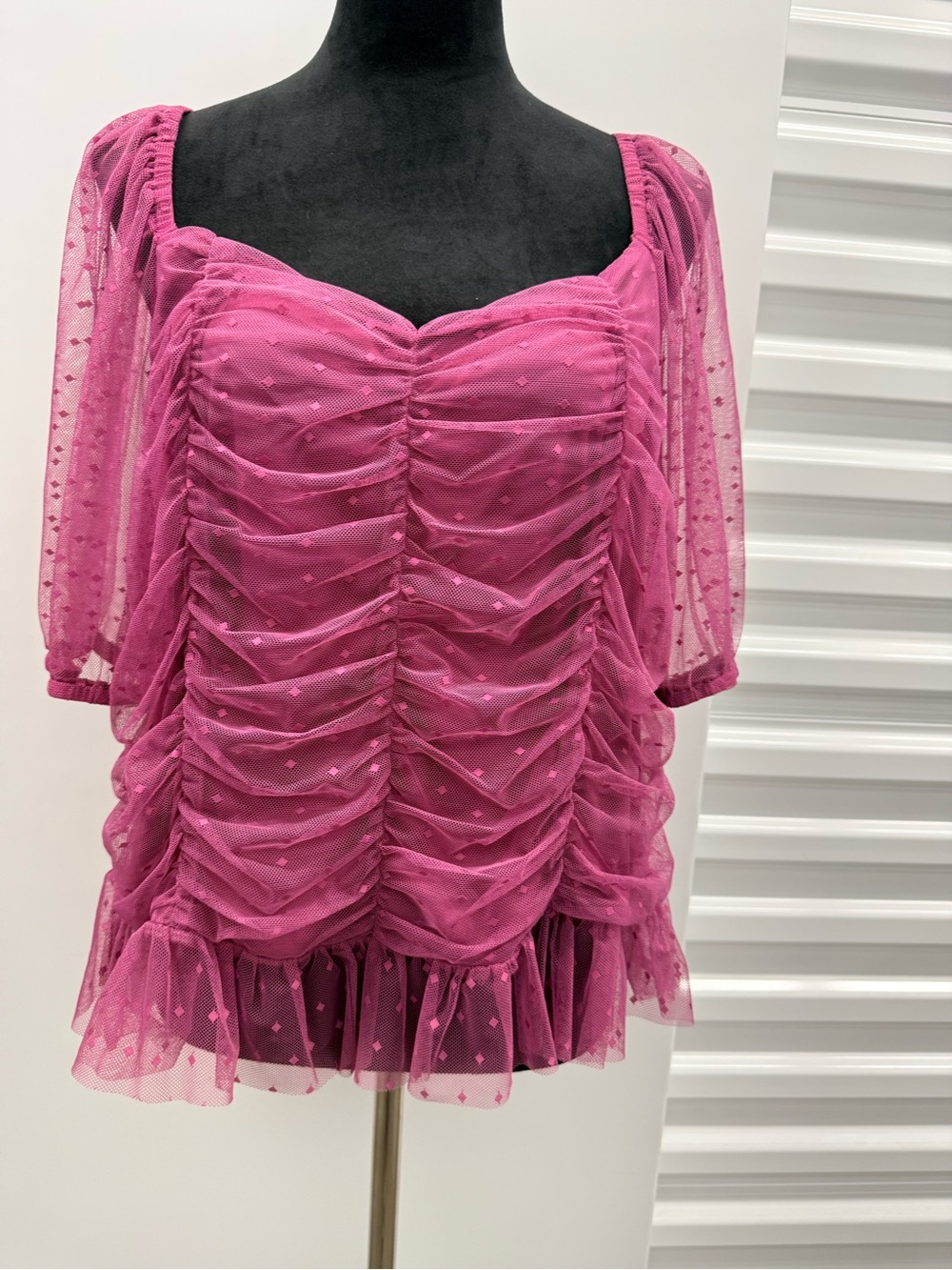 Pink Ruched Swiss Dot Mesh Peasant Top